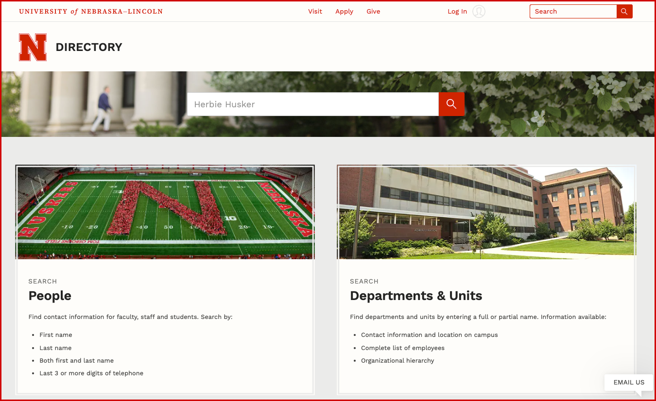 screenshot of UNL online directory