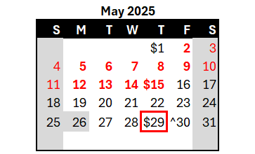 E.g., the payday on 5/29/2025 covers the pay period 5/2-5/15.						