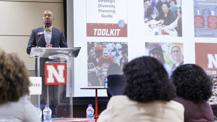 Marco Barker, vice chancellor for diversity and inclusion, delivers the 2022 State of Diversity in East Campus Union, Oct. 26, 2022.