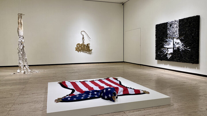 Image caption: Works by Lesley Dill, Nicholas Galanin, Amanda Ross-Ho, and Leonardo Drew are featured in “The Scene Changes: Sculpture from the Collection” at Sheldon Museum of Art.