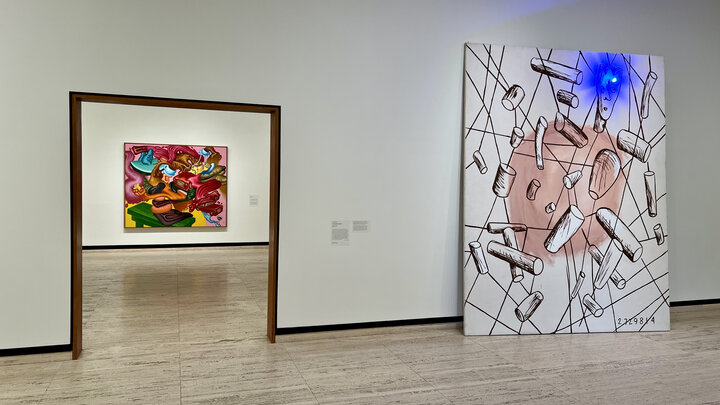 Works by Peter Saul and Jonathan Borofsky are featured in the exhibition "Storyville" at Sheldon Museum of Art.