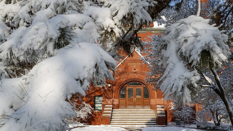 trees covered in snow in front of Arch Hall